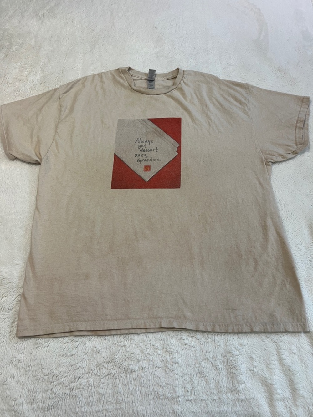 Gildan McDonald’s Cream Short-Sleeve Tee with Red Graphic Square. Mens XL.